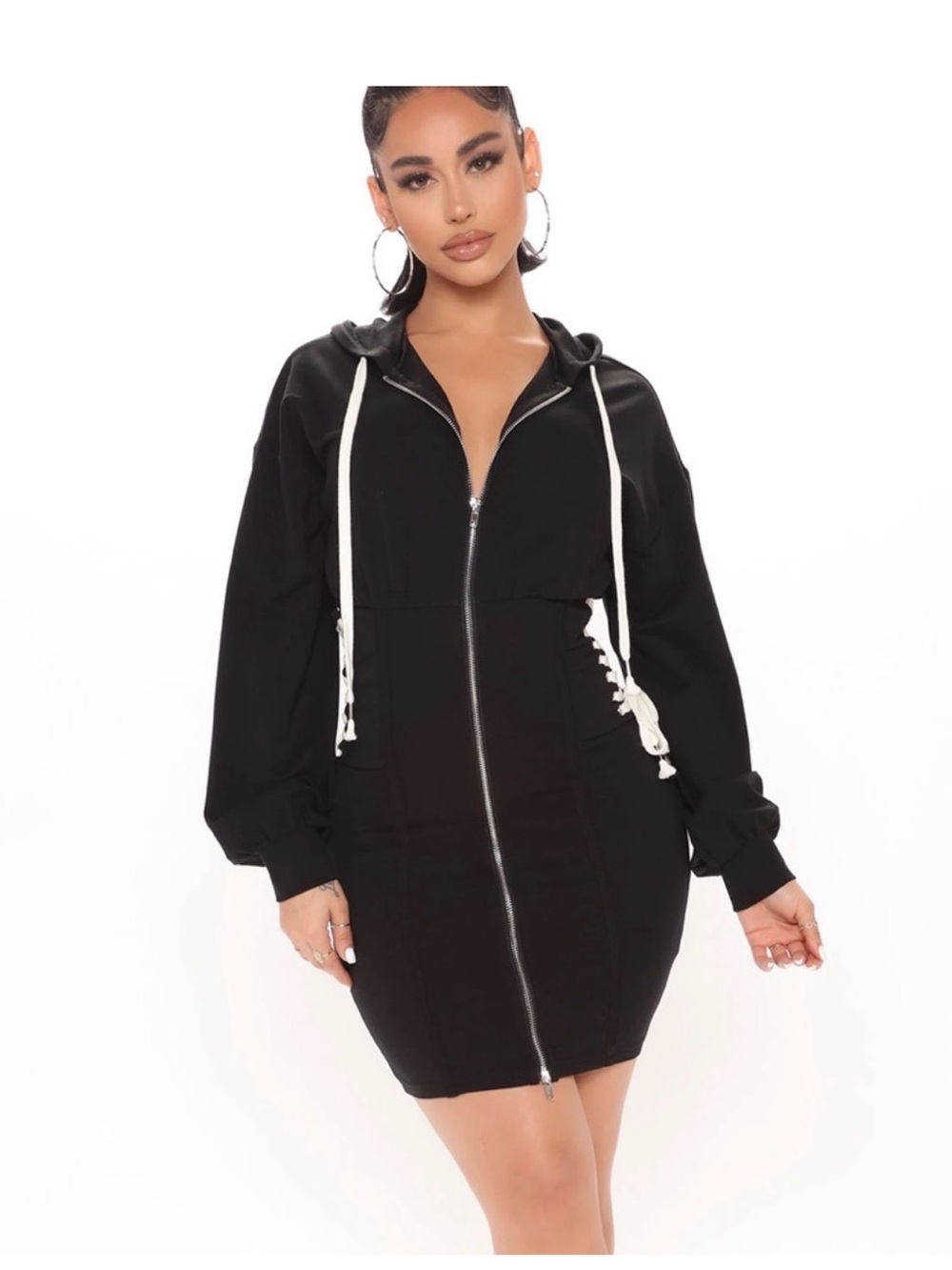 Fashion Nova Black Zip-Up Hoodie Dress with Contrast Drawstrings